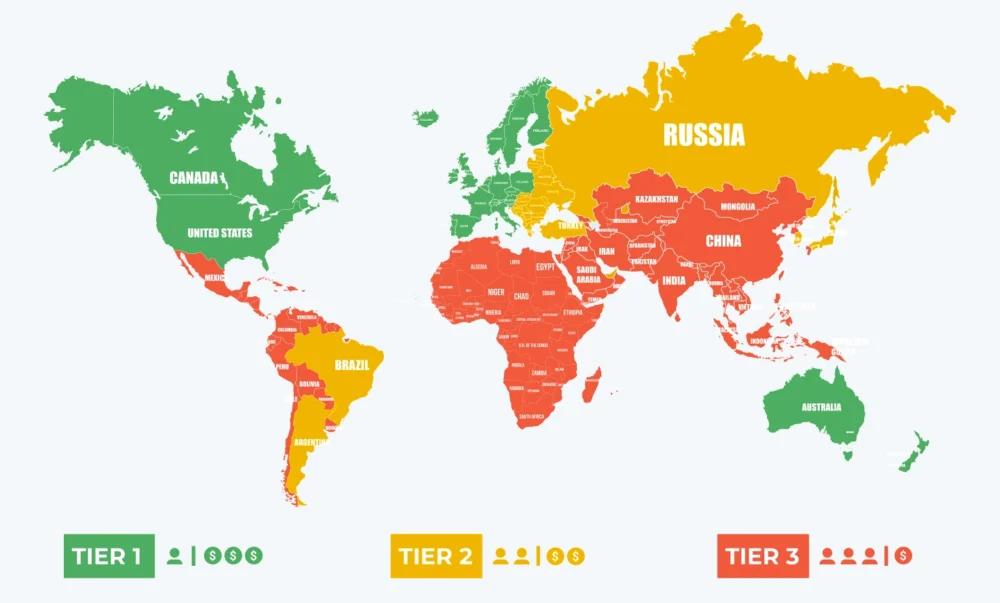 World map showing Tier-1, Tier-2, and Tier-3 GEO markets